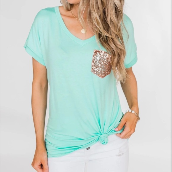 Attracted To You Sequin Pocket Top- Aqua NWOT - Picture 2 of 12